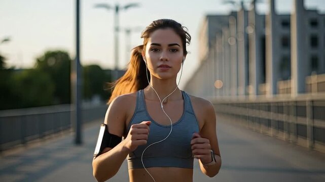 A woman jogging outdoors, enjoying a brisk workout on a city bridge.