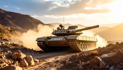Armored Military Tank in Action on Rugged Battlefield Terrain Showcasing Combat Power and Defense Strength