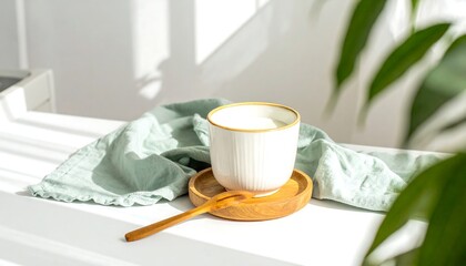 A serene start to the day with a healthy drink in a ceramic mug, set against a sunlit white background with plant shadows