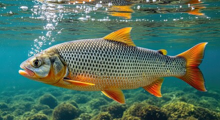 Graceful fish swimming underwater in vibrant ocean environment, sunlight glistening through the water, a peaceful underwater scene