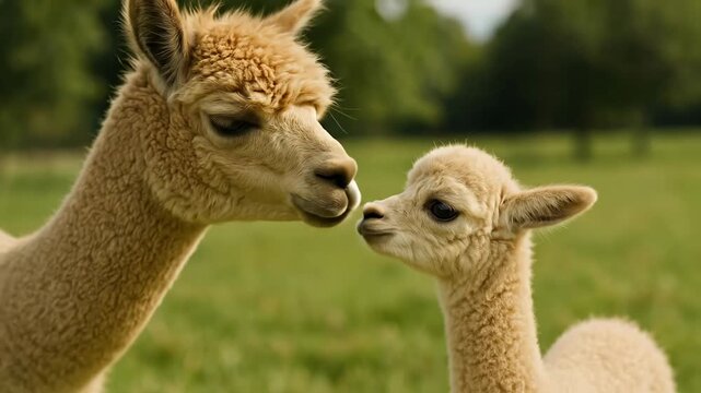 Tender moment between a mother alpaca and her baby cria, nuzzling noses in a lush green field, showcasing their affectionate bond in nature.