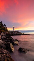 Serene coastal sunset with a lighthouse silhouetted against a vibrant sky