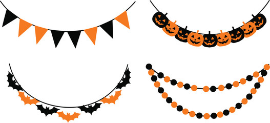 Obraz premium Halloween Party Bunting And Garland Decorations Pumpkin Bat And Triangle Flags vector illustration