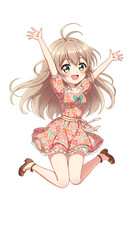 Cheerful Young Girl Jumping with Joy in Floral Dress Isolated Illustration