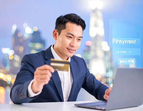 Asian businessman shopping online with credit card