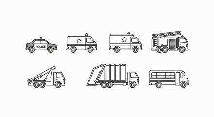 Collection of various emergency and public service vehicles, including police cars, ambulances, and fire trucks.