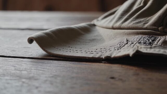 Close-up video angle of a beige cap on a rustic wooden table, showcasing detailed stitching and texture in a warm, natural light setting.