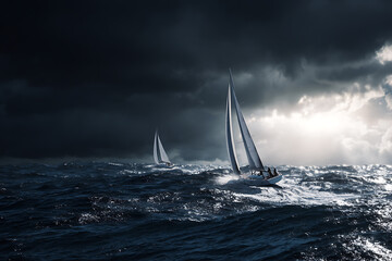 Sailboats Navigate the Tempestuous Sea Under Ominous Storm Clouds Adventure Awaits