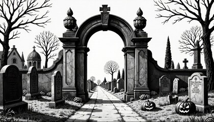 Gothic Cemetery Archway: Monochrome Halloween Scene, Spooky, Eerie Atmosphere