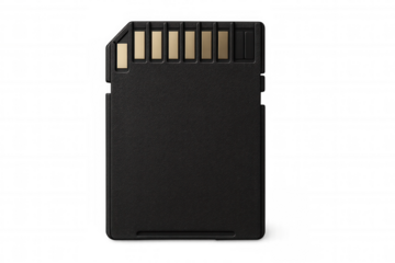 Close-up of an sd card resting on a transparent background, showcasing its compact design and data storage capabilities