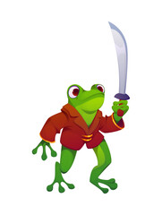 Cartoon frog pirate animal pirate captain and corsair sailor character. Green frog with big eyes holding a sword in one hand. Dressed in pirate jacket, standing upright with serious facial expression