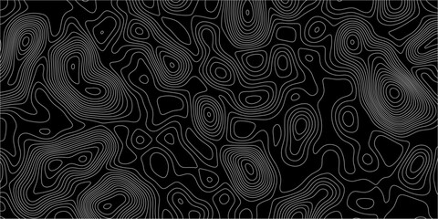 Abstract white on black background with Topographic line map pattern. abstract wavy and curved lines background. linear map. Dark seamless design. Bold tile able isolines pattern. Vector illustration.