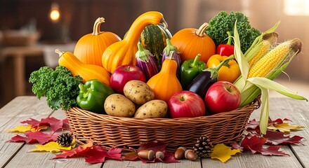 Autumn Harvest Basket of Colorful Fruits and Vegetables.