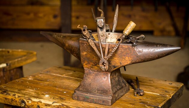 Antique anvil with tools