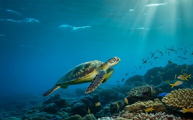 Fototapeta premium Majestic sea turtle glides through sunlit coral reef