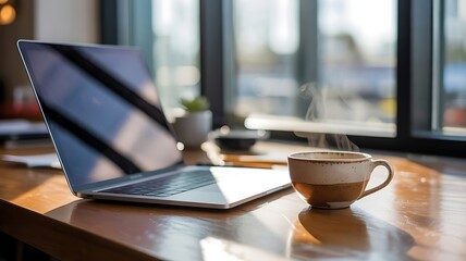 Laptop and coffee by the window on a wooden table