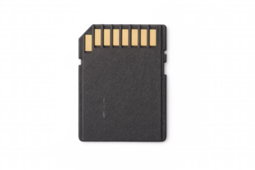 Close-up of an sd memory card isolated on a transparent background, highlighting its gold contacts and durable construction