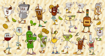 Cartoon retro groovy alcohol drinks and cocktails characters. Vector personages of funny hippie espresso and bubble tea cups, beer can, gin and tonic. Groovy mojito, margarita and daiquiri cocktails