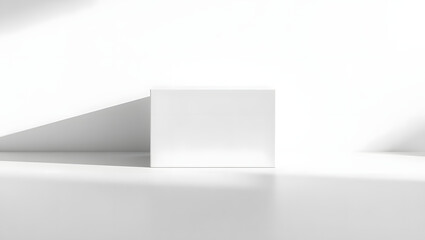 Minimalist white cube with soft shadows and light on a reflective surface, highlighting clean design and modern aesthetic