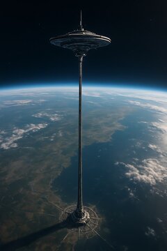 Futuristic space elevator ascending above earth s atmosphere