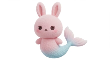 Obraz premium Fluffy, pink bunny-mermaid with large, adorable eyes, transitioning to blue tail isolated on a white background