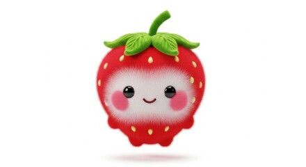 Obraz premium Fluffy red strawberry cartoon character with green leaves, seeds, rosy cheeks, and cute face on a white background