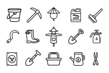 Various of farming tools seamless set on white background. Sketch of scarecrow, sickle, shovel, rake, pickaxe, farmer hat, basket, bucket, and boots on white board. Line art of farming equipment
