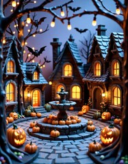 Obraz premium Enchanted Halloween Village: Spooky Cottage Scene with Jack-o'-lanterns and Fountain