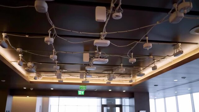 Modern office ceiling with multiple sensors and lights, showcasing advanced technology in a workspace