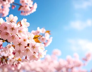 Naklejka premium Pink Cherry Blossoms with Sunny Sky.