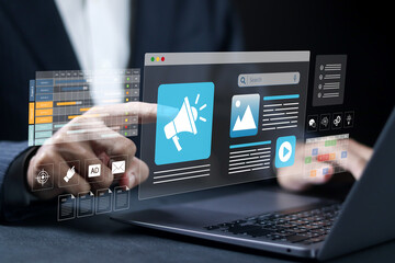 Public Relations (PR) concept, SEO, Advertising, Ecommerce, direct sale, digital marketing strategies and goals. Online digital marketing using artificial intelligence technology.