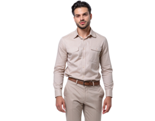 Trendy Man Wearing Beige Casual Outfit Isolated on Transparent Background PNG