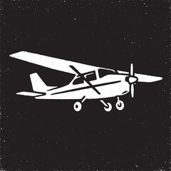 Abstract grunge style airplane design in black and white. Distressed textured artwork of a small aircraft with propeller, perfect for travel, aviation, flight, and creative themes.