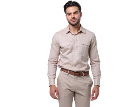 Trendy Man Wearing Beige Casual Outfit Isolated on Transparent Background PNG
