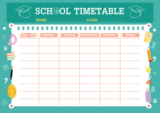 School timetable template and planner design with supplies.