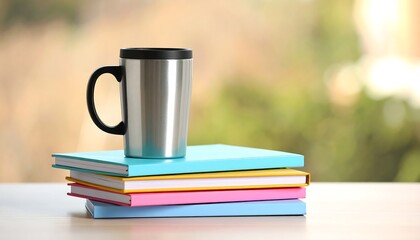 Fototapeta premium A reusable stainless steel travel mug for a warm beverage, sitting on a colorful stack of books for a quiet study break with a blurred background