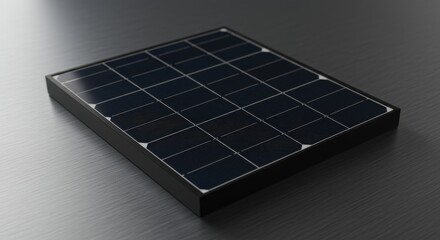 Solar panel on brushed metal surface, capturing light in grid pattern, promoting sustainable clean power resource