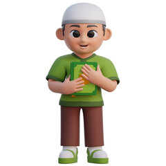 3D Muslim Boy Holding Al-Qur'an Illustration