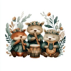 Naklejka premium Adorable Woodland Creatures Playing Music with Instruments in Nature