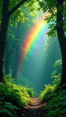 Obraz premium Vibrant secondary rainbow arc over lush green canopy, beauty, vibrant colors