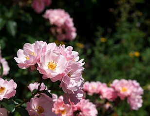 Fototapeta premium Soft pink rose blossoms cluster on a branch, sunlight illuminates petals, blurred green background