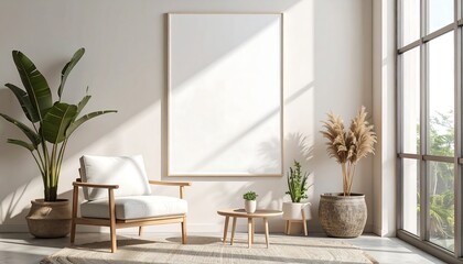 Modern living room interior with blank frame mockup ready for your design vision in a sunlit space