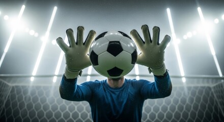 A soccer goalkeeper in a blue jersey and gloves blocks a ball with outstretched hands in a stadium under bright lights.