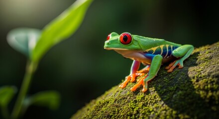 Obraz premium A vibrant red-eyed tree frog with striking green skin and colorful blue and yellow markings rests on a moss-covered branch in a lush, sun-dappled jungle environment.
