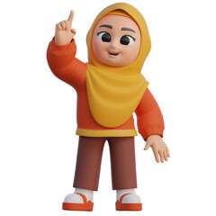 3D Muslim Girl Pointing Up Illustration