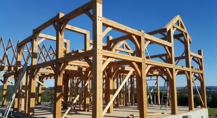 Wooden Frame Construction: Detailed View of a Timber Frame Building Underway