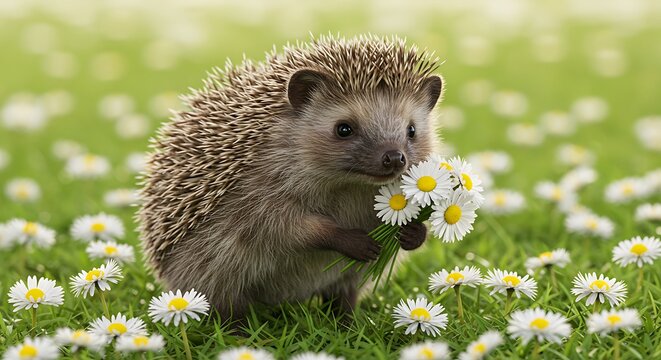 Adorable hedgehog holding a bouquet of daisies in a field of wildflowers - Powered by Adobe