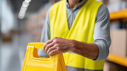 Warehouse worker wearing safety vest places caution sign in aisle to prevent accidents and promote safety awareness in industrial environment with shelves in background