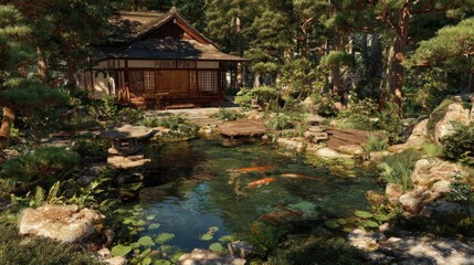 Obraz premium Tranquil Japanese garden with pond