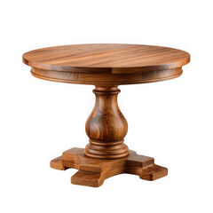 Antique wooden pedestal table with ornate carved base and round top isolated on transparent background